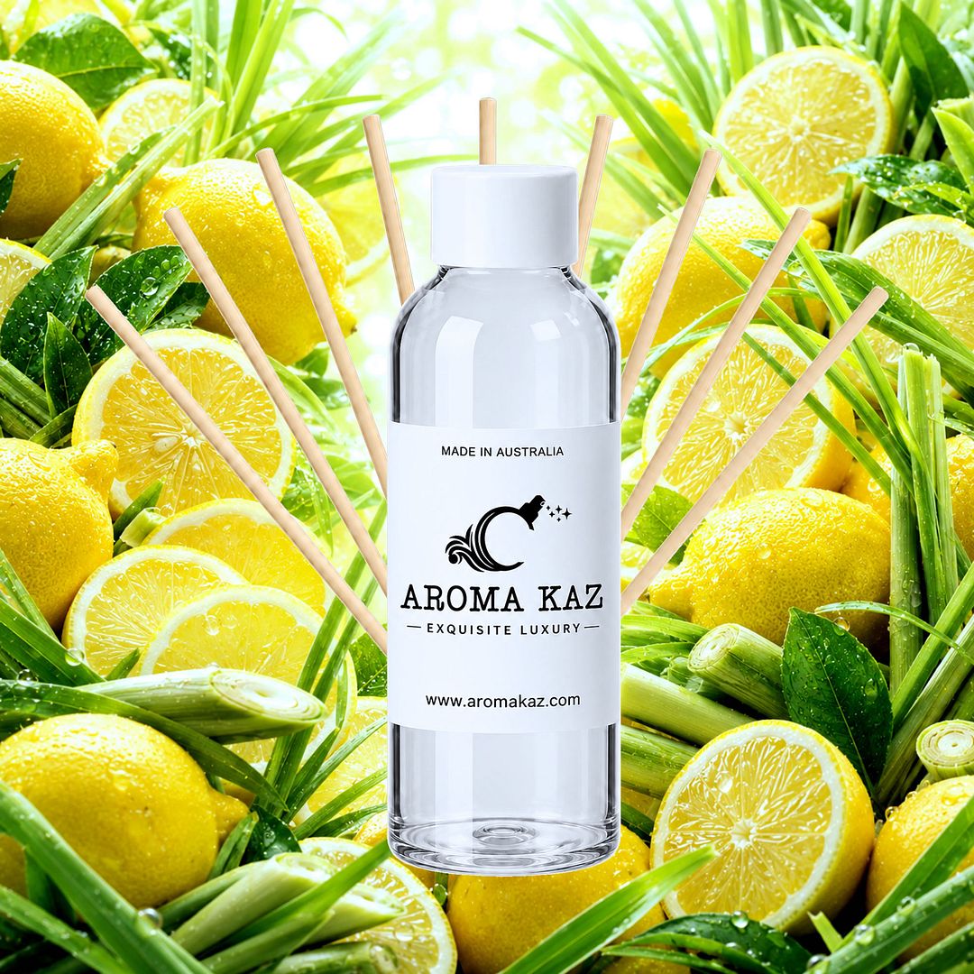 Lemon Citronella Diffuser Fragrance Oil Refill – vegan, cruelty-free featuring citrus lemons and fresh citronella notes, handmade in Australia.