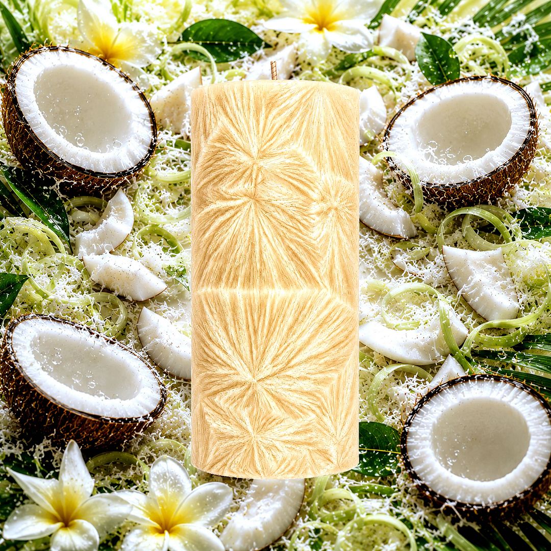 Coconut Lemongrass plant based Pillar Candle – vegan, cruelty-free featuring coconut and citrusy lemongrass blend, handmade in Australia.