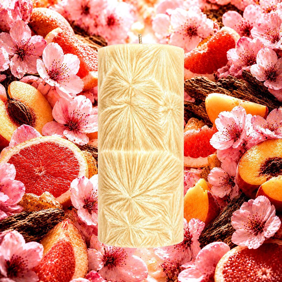 Love Spells plant based Pillar Candle – vegan, cruelty-free featuring sweet fruity florals and soft romantic notes, handmade in Australia.