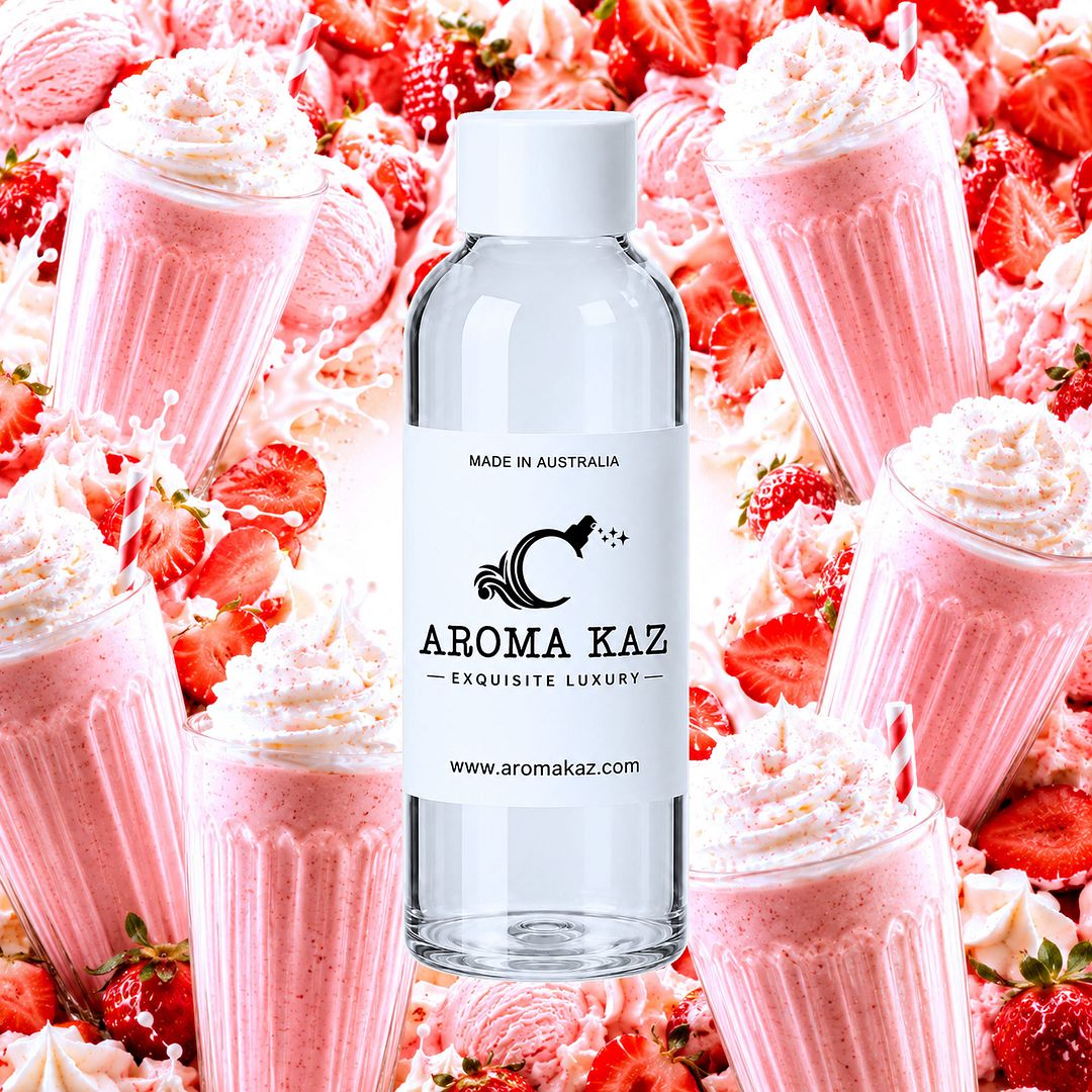 Strawberry Milkshake fragrance oil for candle making, soap making and perfume blending – vegan, cruelty-free featuring creamy strawberry milkshake sweetness, handmade in Australia.