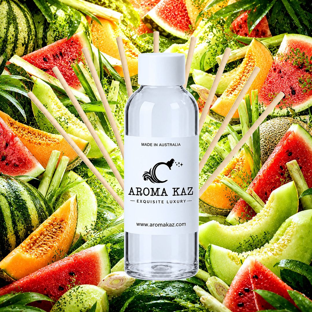 Lemongrass & Wild Melons Diffuser Fragrance Oil Refill – vegan, cruelty-free featuring tropical melon and citrus lemongrass notes, handmade in Australia.
