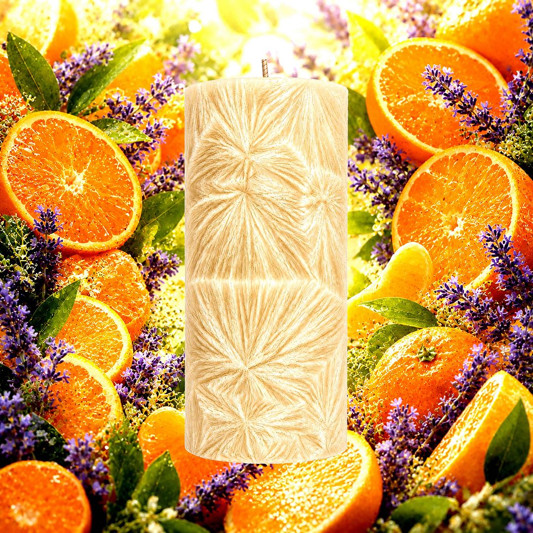 Sweet Orange & Lavender plant based Pillar Candle – vegan, cruelty-free featuring citrus sweet orange and fresh floral lavender, handmade in Australia.