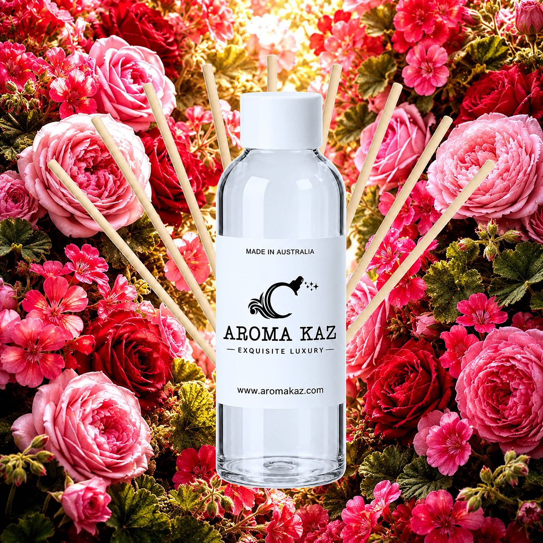 Rose Geranium Diffuser Fragrance Oil Refill – vegan, cruelty-free featuring fresh roses and geranium florals, handmade in Australia.