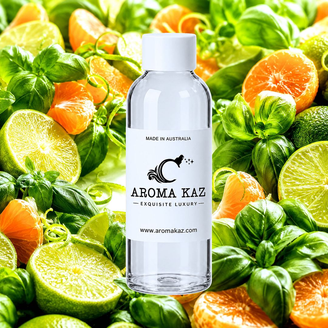 Lime Basil Mandarin fragrance oil for candle making, soap making and perfume blending – vegan, cruelty-free featuring zesty lime, herbal basil, and sweet citrus mandarin, handmade in Australia.