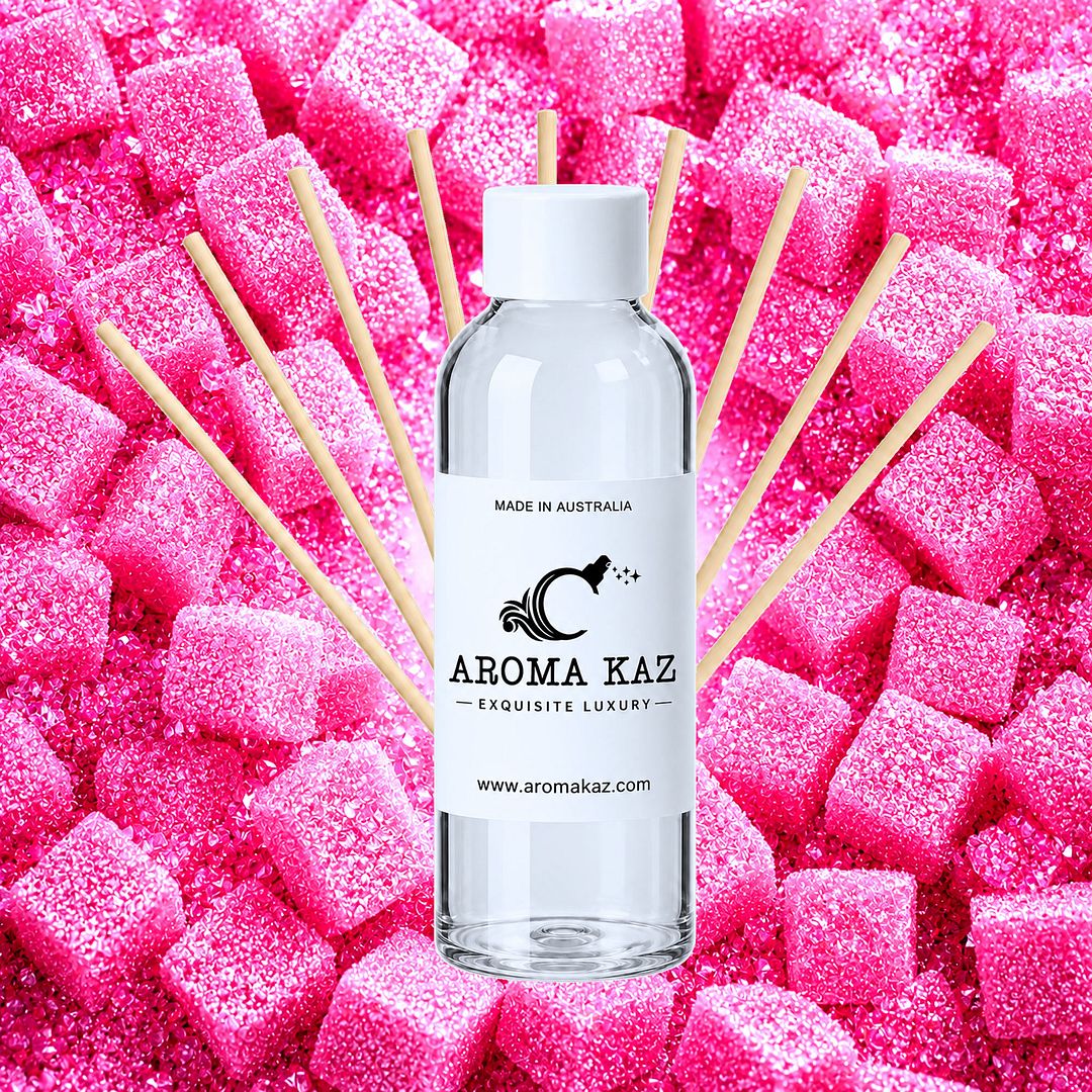 Pink Sugar Cubes Diffuser Fragrance Oil Refill – vegan, cruelty-free featuring pink sugary candy sweetness and pink musk hints, handmade in Australia.
