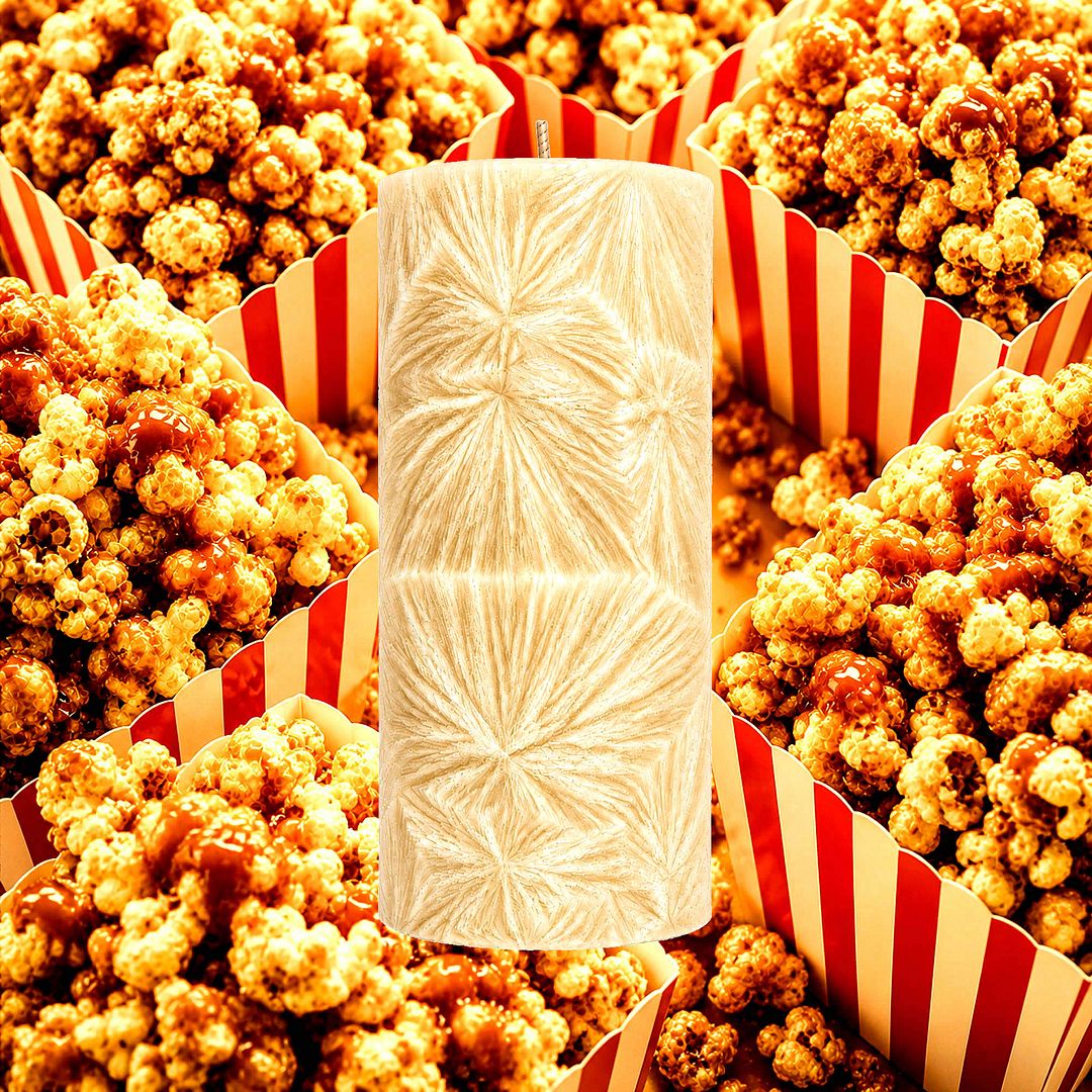 Caramel Popcorn plant based Pillar Candle – vegan, cruelty-free featuring buttery caramel popcorn aroma, handmade in Australia.
