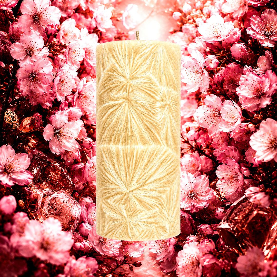 Musk Cherry Blossoms plant based Pillar Candle – vegan, cruelty-free featuring sweet cherry blossoms and soft musk, handmade in Australia.