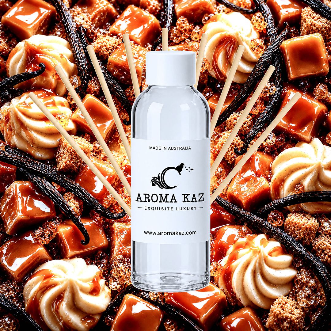 Brown Sugar Vanilla Caramel Diffuser Fragrance Oil Refill – vegan, cruelty-free featuring rich caramel, brown sugar and vanilla dessert aroma, handmade in Australia.