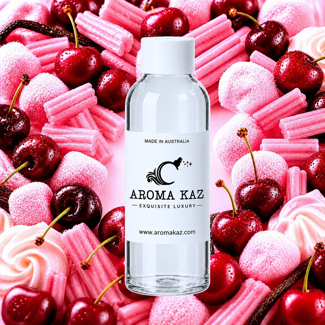 Cherry Musk Vanilla fragrance oil for candle making, soap making and perfume blending – vegan, cruelty-free featuring cherry, vanilla and pink sugar musk blend, handmade in Australia.