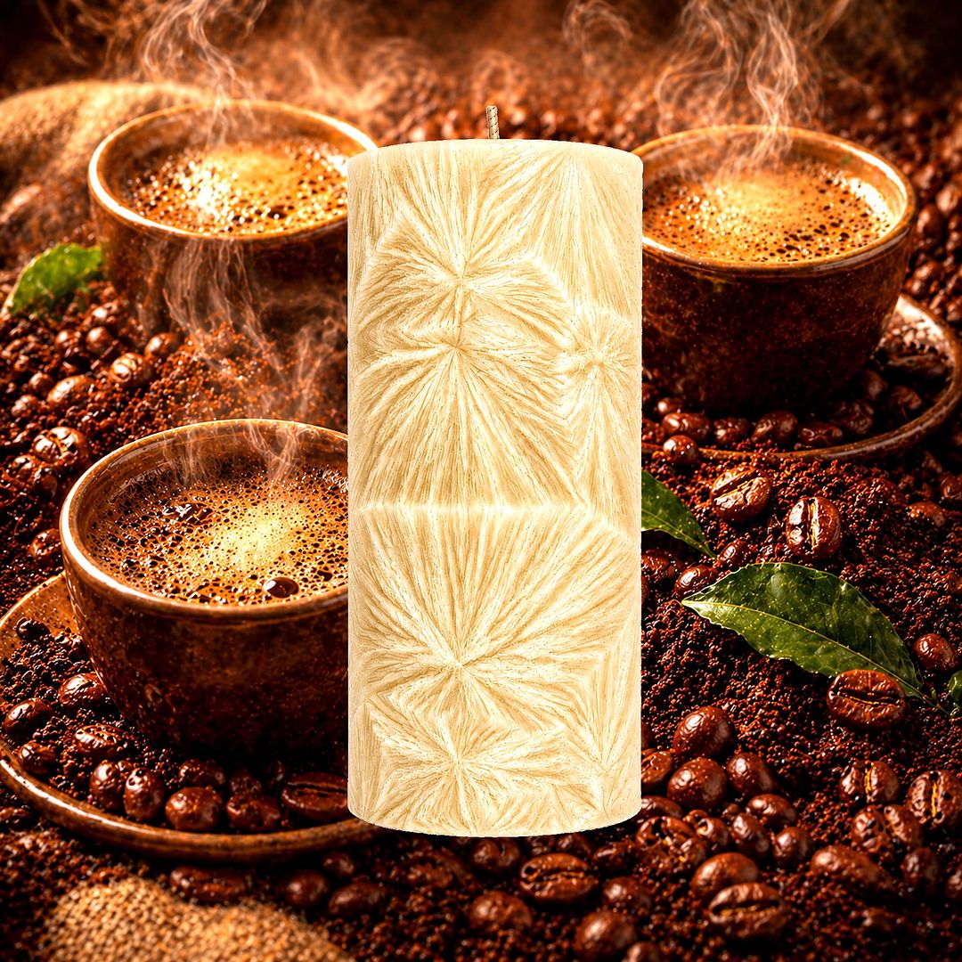 Fresh Coffee plant based Pillar Candle – vegan, cruelty-free featuring bold roasted coffee aroma, handmade in Australia.