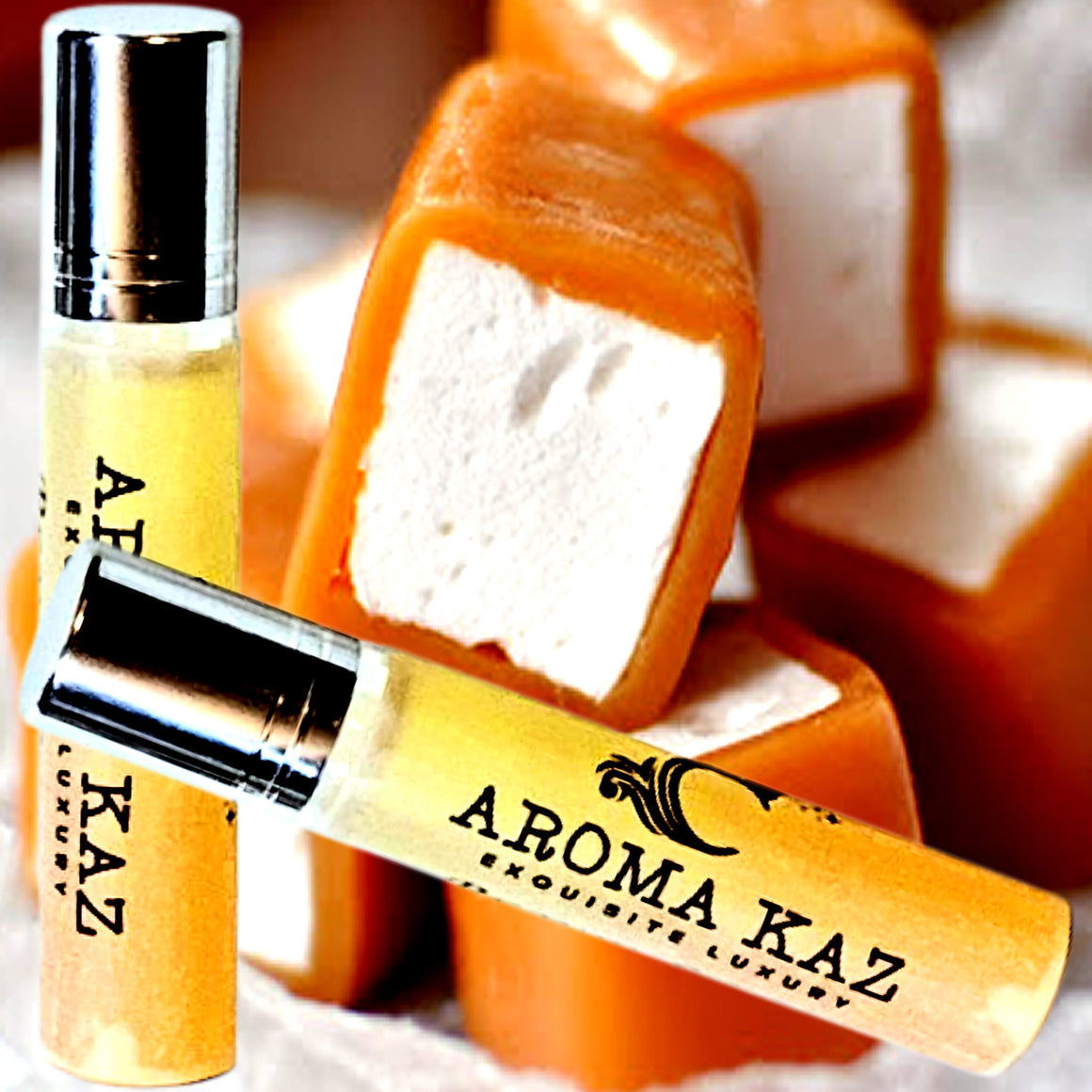 Caramel Marshmallows Fragrance Roll On – vegan, cruelty-free perfume roll on featuring sweet caramel and fluffy marshmallow blend, handmade in Australia.