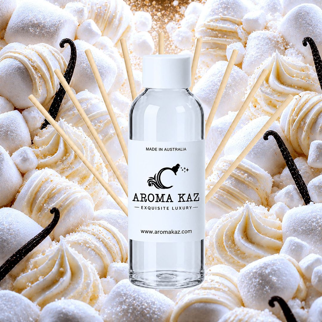 Vanilla Marshmallows Diffuser Fragrance Oil Refill – vegan, cruelty-free featuring soft creamy vanilla and fluffy marshmallow aroma, handmade in Australia.