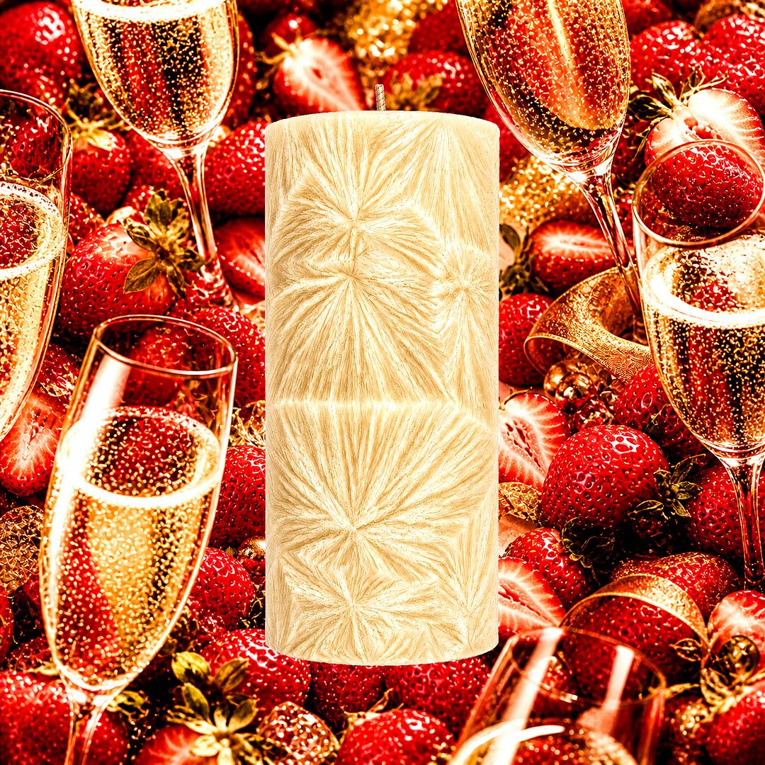 Strawberry Champagne plant based Pillar Candle – vegan, cruelty-free featuring sparkling champagne and sweet strawberries, handmade in Australia.