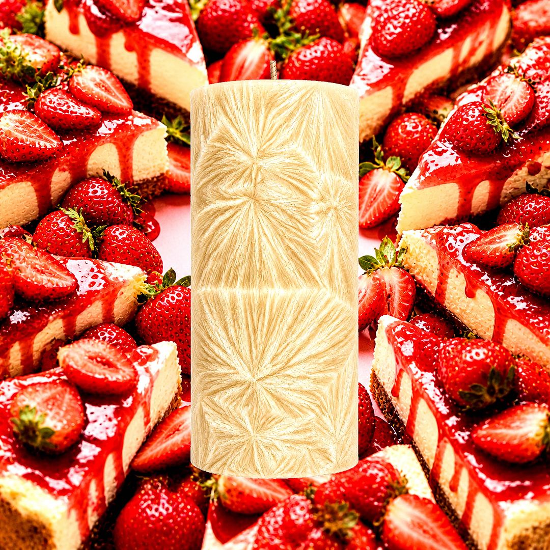 Strawberry Cheesecake plant based Pillar Candle – vegan, cruelty-free featuring creamy strawberry cheesecake dessert aroma, handmade in Australia.