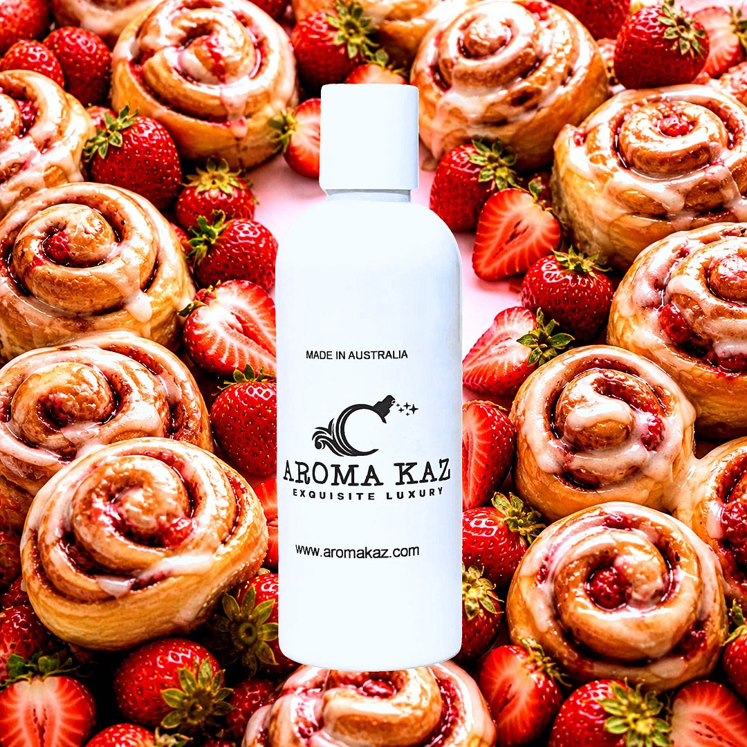Strawberry Cinnamon Buns Body Massage Oil – vegan, cruelty-free, plant-based hydrating oil with warm cinnamon buns and sweet strawberries, handmade in Australia.