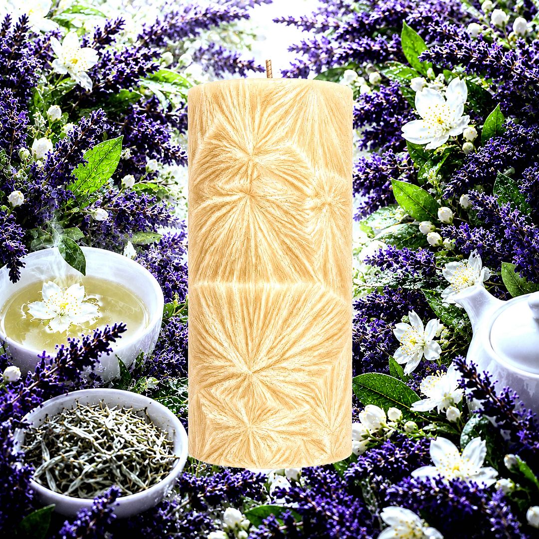 White Tea & Lavender plant based Pillar Candle – vegan, cruelty-free featuring fresh floral lavender and sweetened white tea, handmade in Australia.