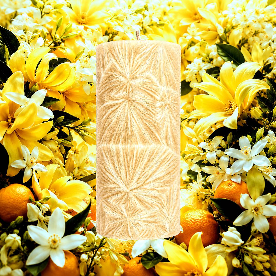 Ylang Ylang Neroli plant based Pillar Candle – vegan, cruelty-free featuring exotic ylang ylang and floral neroli blossoms, handmade in Australia.