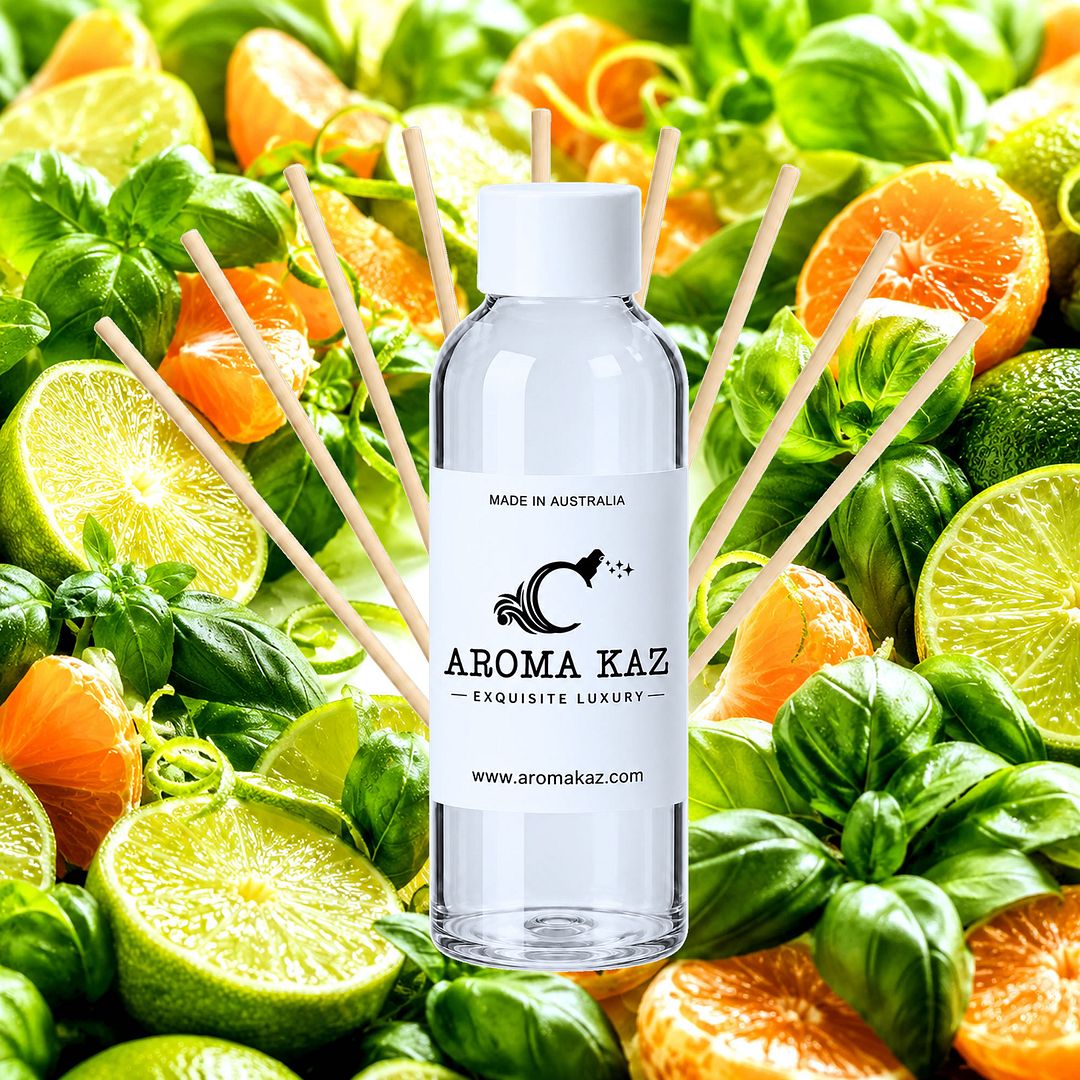 Lime Basil Mandarin Diffuser Fragrance Oil Refill – vegan, cruelty-free featuring zesty lime, herbal basil, and sweet citrus mandarin, handmade in Australia.