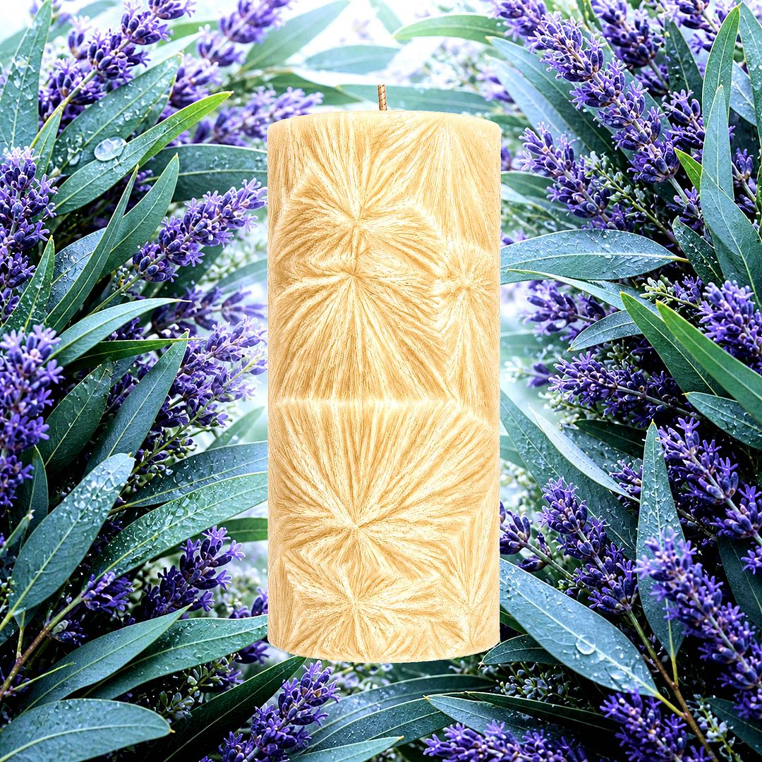 Eucalyptus & Lavender plant based Pillar Candle – vegan, cruelty-free featuring calming lavender and fresh eucalyptus, handmade in Australia.