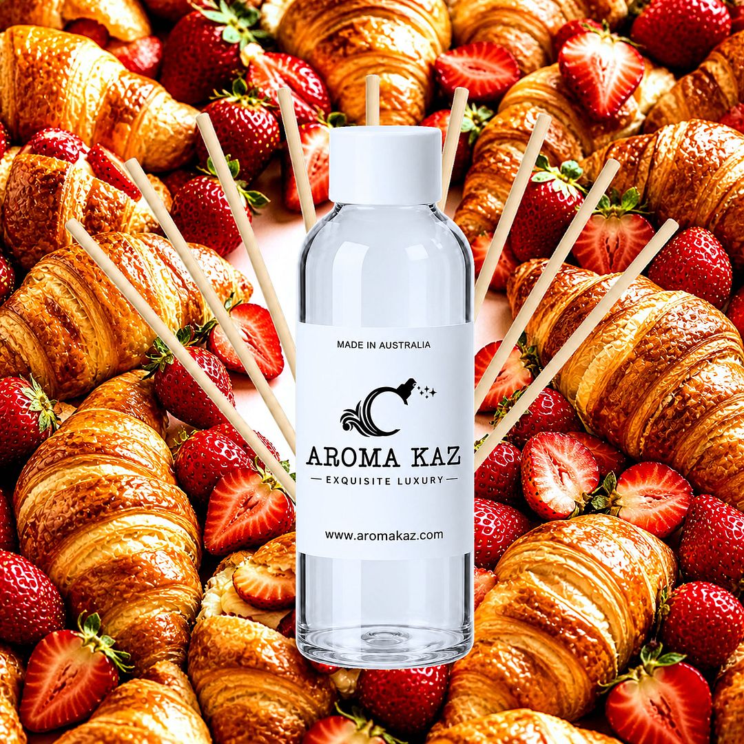 Strawberry Croissants Diffuser Fragrance Oil Refill – vegan, cruelty-free featuring flaky pastry and sweet strawberry filling, handmade in Australia.
