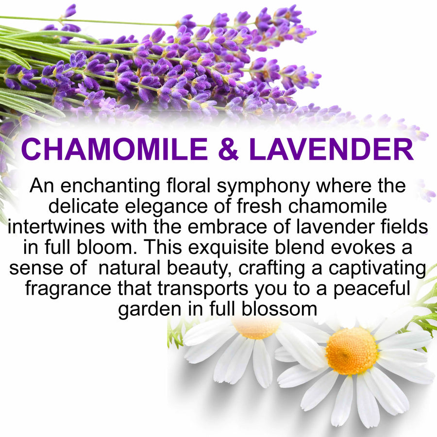 Chamomile & Lavender Diffuser Fragrance Oil Refill – vegan, cruelty-free featuring calming chamomile and lavender herbal aroma, handmade in Australia.
