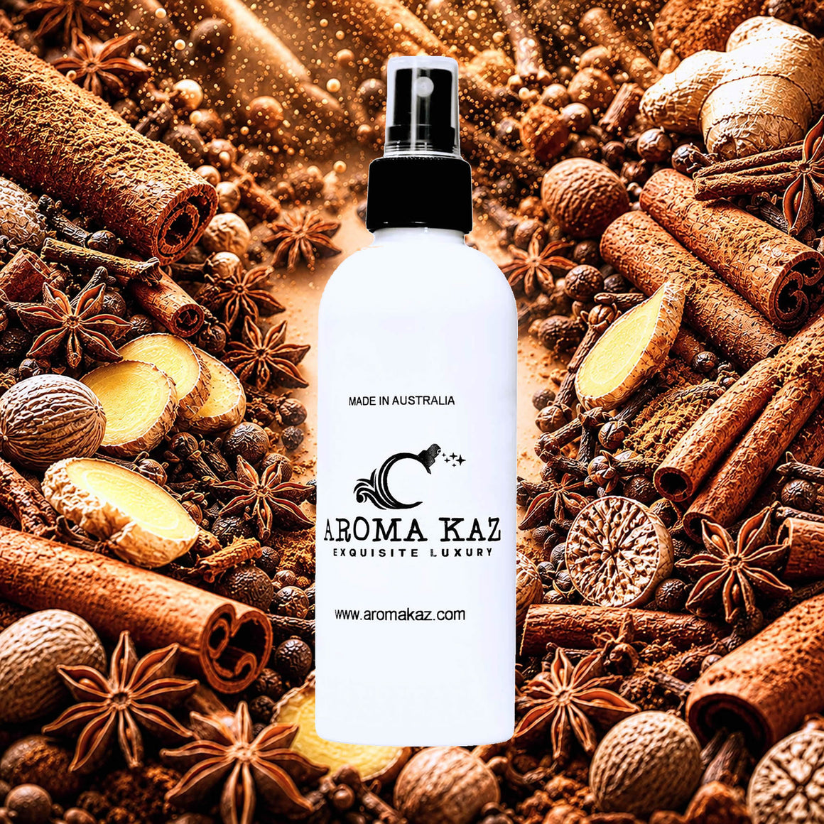 Cinnamon Spice Room Linen Car Air Freshener Spray Deodoriser eco-friendly vegan, cruelty-free body fragrance featuring warm classic cinnamon aroma, made in Australia.