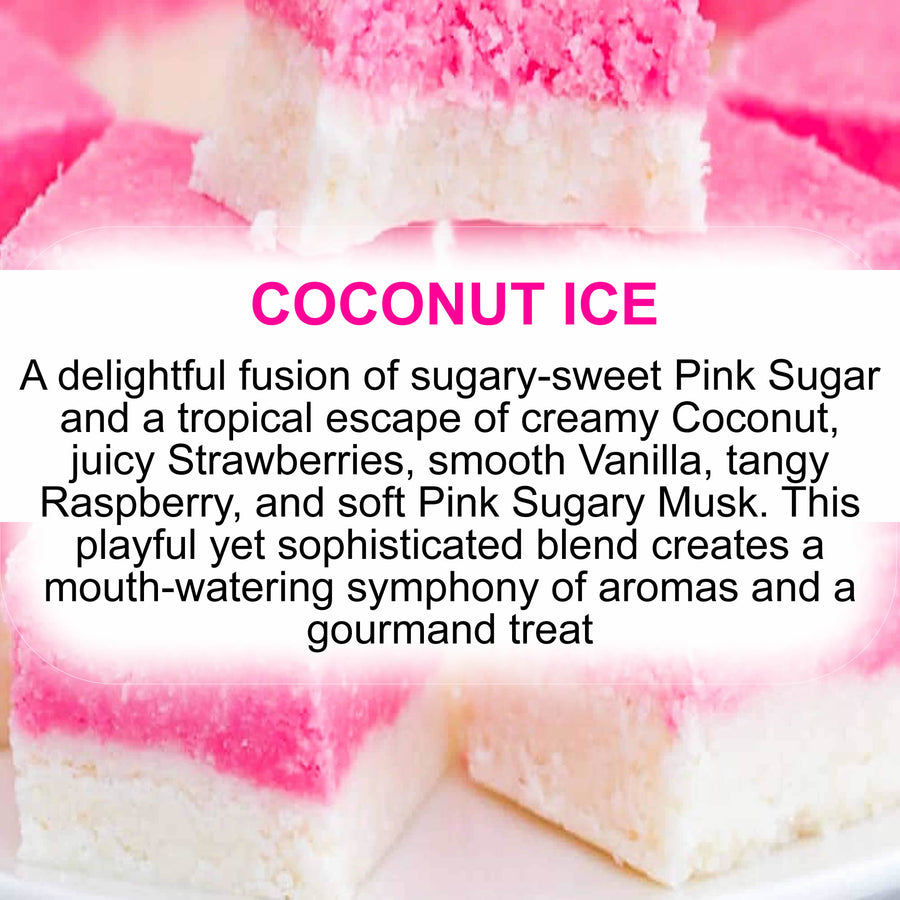 Coconut Ice fragrance oil for candle making, soap making and perfume blending – vegan, cruelty-free featuring sweet coconut candy aroma, handmade in Australia.