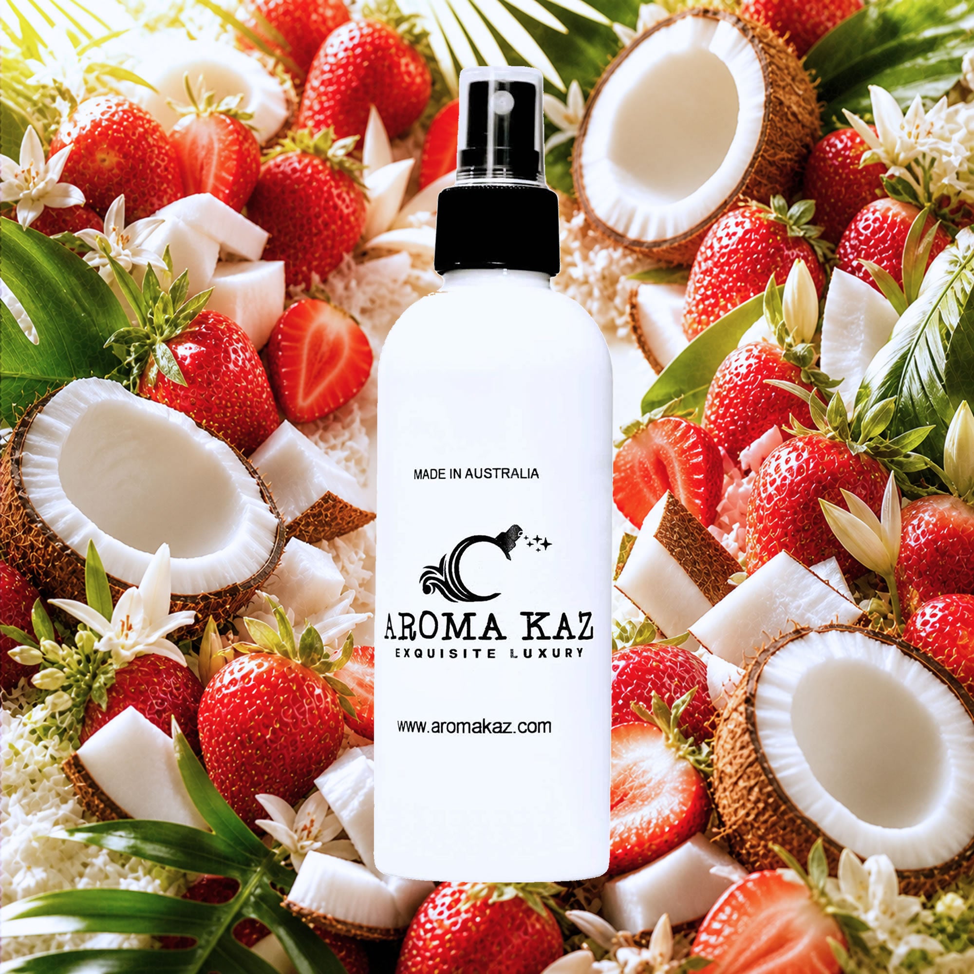 Coconut Strawberry Room Linen Car Air Freshener Spray Deodoriser eco-friendly vegan, cruelty-free body fragrance featuring coconut with sweet strawberries, made in Australia.