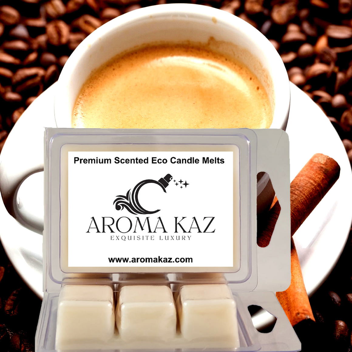 Coffee Cinnamon Vanilla eco soy wax melts – vegan, cruelty-free featuring a warm blend of roasted coffee, sweet vanilla, and cinnamon spice, handmade in Australia.