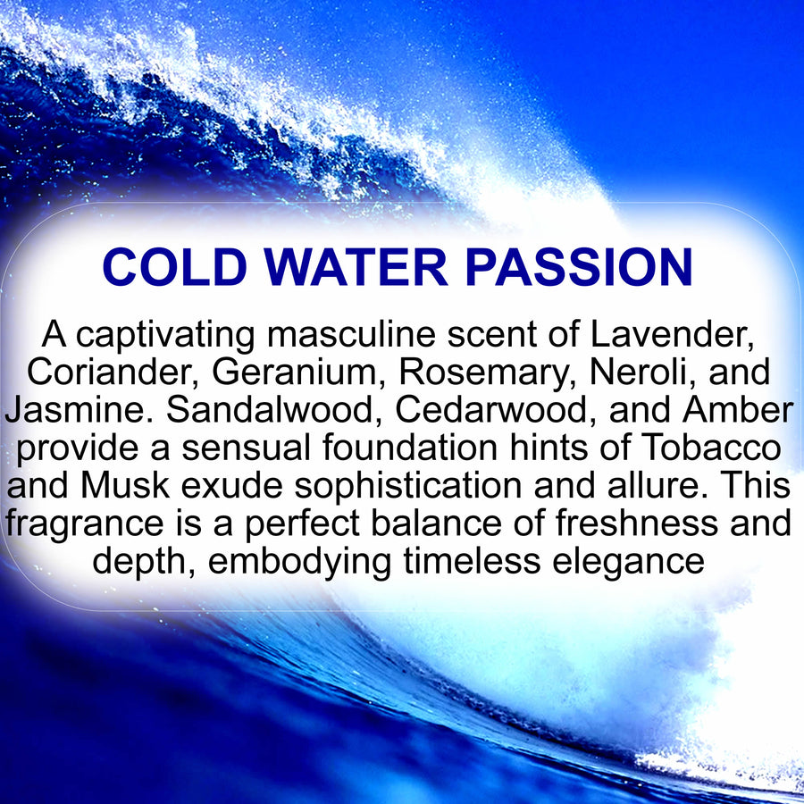 Cold Water Passion For Men fragrance oil for candle making, soap making and perfume blending – vegan, cruelty-free featuring a fresh, cool aquatic masculine aroma, handmade in Australia.