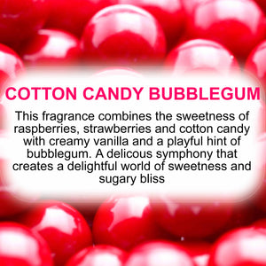 Red cotton candy bubblegum candies with product description text overlay.