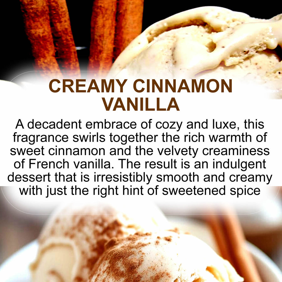 Creamy Cinnamon Vanilla eco soy wax melts – vegan, cruelty-free featuring warm cinnamon and creamy vanilla notes, handmade in Australia.