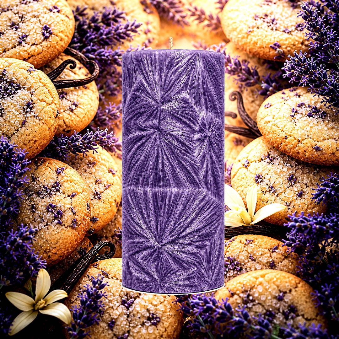 Lavender Cookies plant based Pillar Candle – vegan, cruelty-free featuring sweet vanilla cookies and a floral lavender aroma, handmade in Australia.