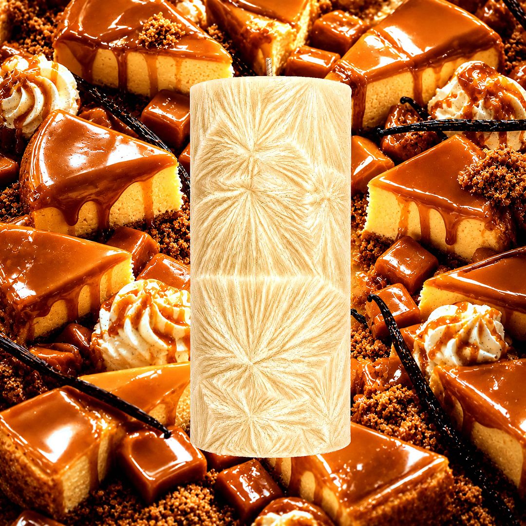 Caramel Cheesecake plant based Pillar Candle – vegan, cruelty-free featuring creamy caramel dessert aroma, handmade in Australia.