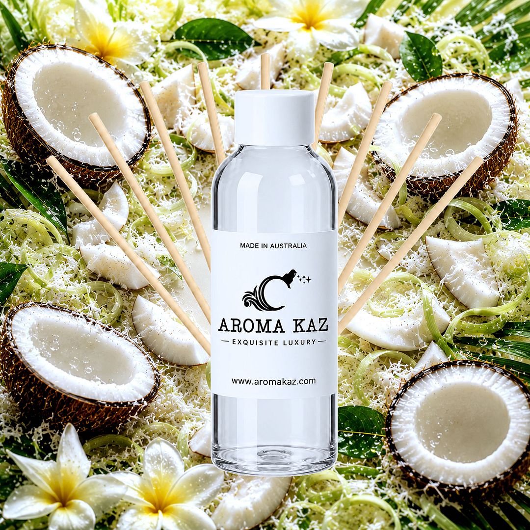 Coconut Lemongrass Diffuser Fragrance Oil Refill – vegan, cruelty-free featuring coconut and citrusy lemongrass blend, handmade in Australia.