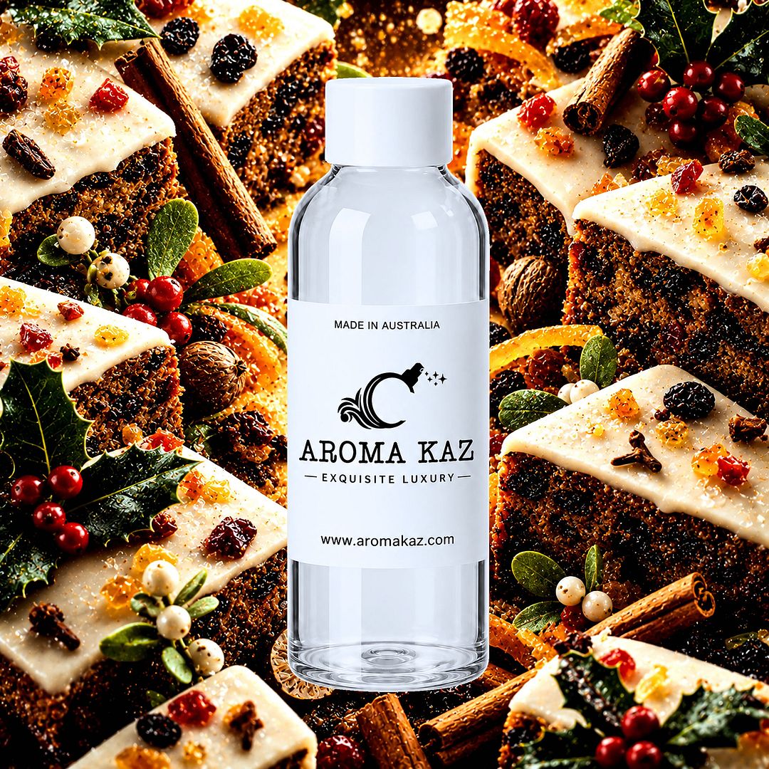 Vanilla Iced Christmas Cake fragrance oil for candle making, soap making and perfume blending – vegan, cruelty-free featuring spiced fruitcake, vanilla icing, and festive sweetness, handmade in Australia.