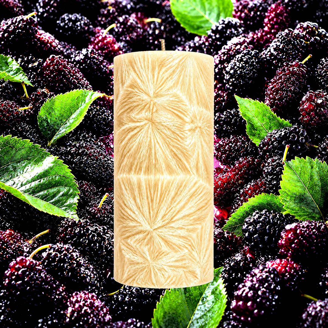 Juicy Mulberries plant based Pillar Candle – vegan, cruelty-free featuring juicy plump mulberry fruit notes, handmade in Australia.