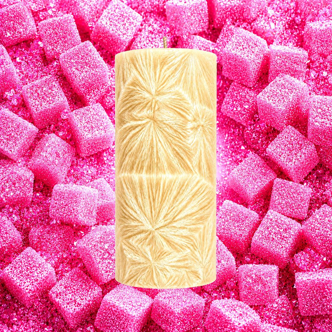 Pink Sugar Cubes plant based Pillar Candle – vegan, cruelty-free featuring pink sugary candy sweetness and pink musk hints, handmade in Australia.