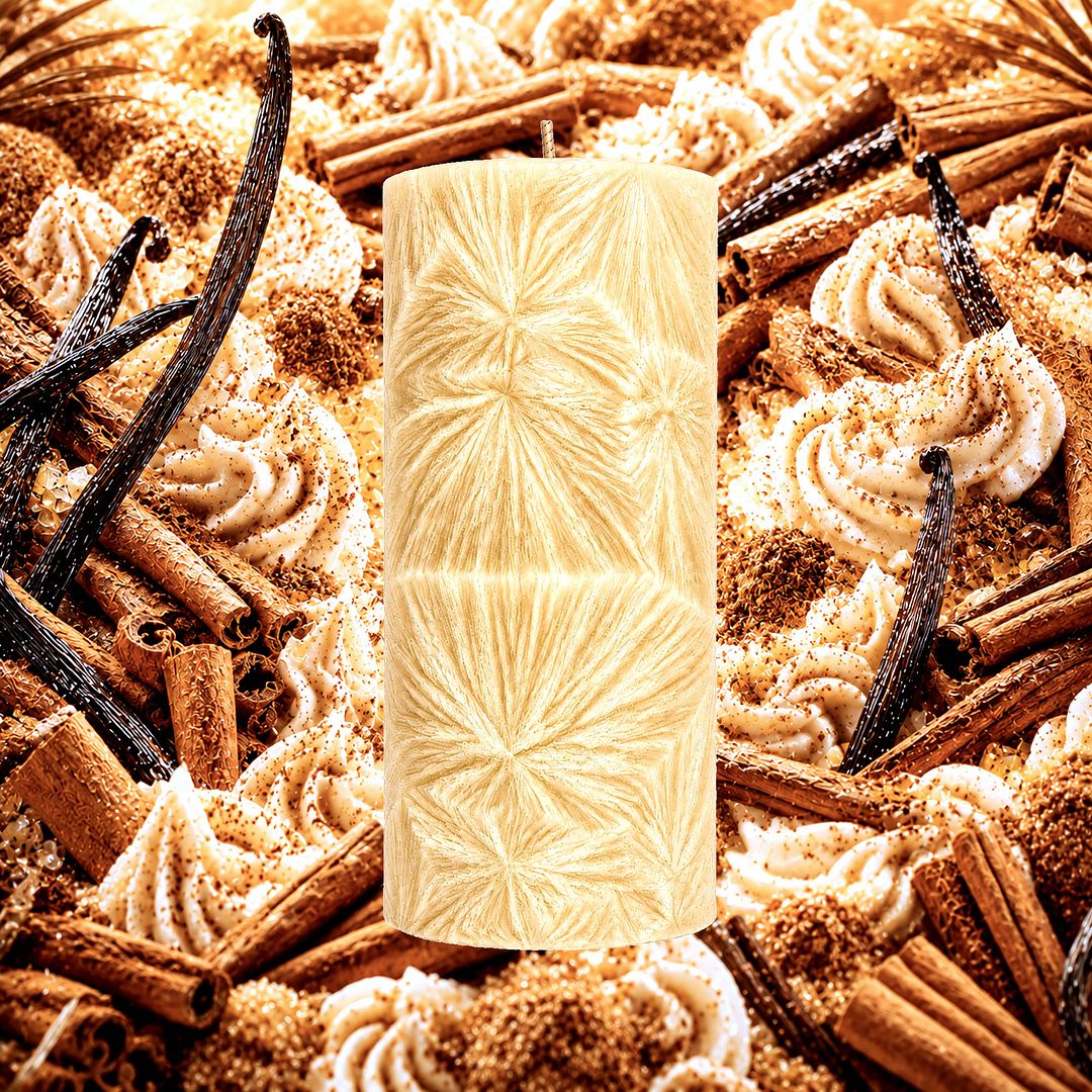 Creamy Cinnamon Vanilla plant based Pillar Candle – vegan, cruelty-free featuring warm cinnamon and creamy vanilla notes, handmade in Australia.