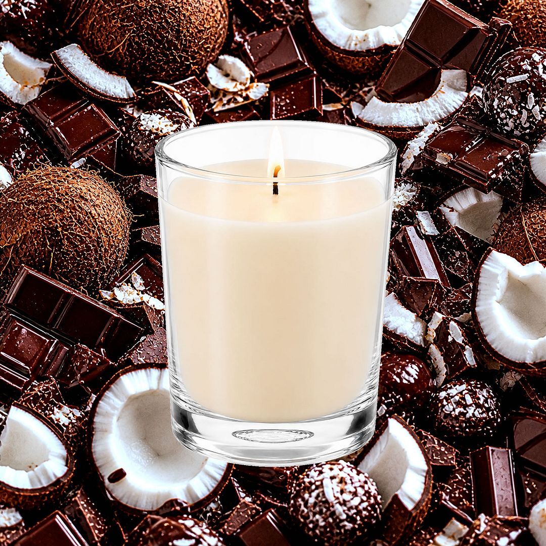 Chocolate Coconut Scented Votive Candles eco soy plant based – vegan, cruelty-free featuring tropical coconut blended with rich chocolate, handmade in Australia.