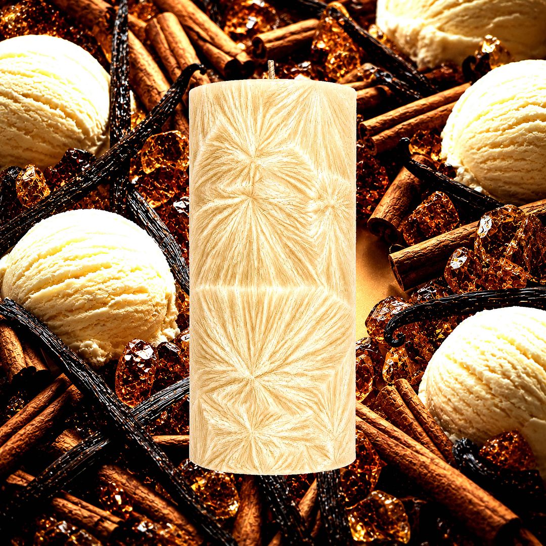 Oriental Vanilla plant based Pillar Candle – vegan, cruelty-free featuring deep exotic vanilla and warm amber softness, handmade in Australia.