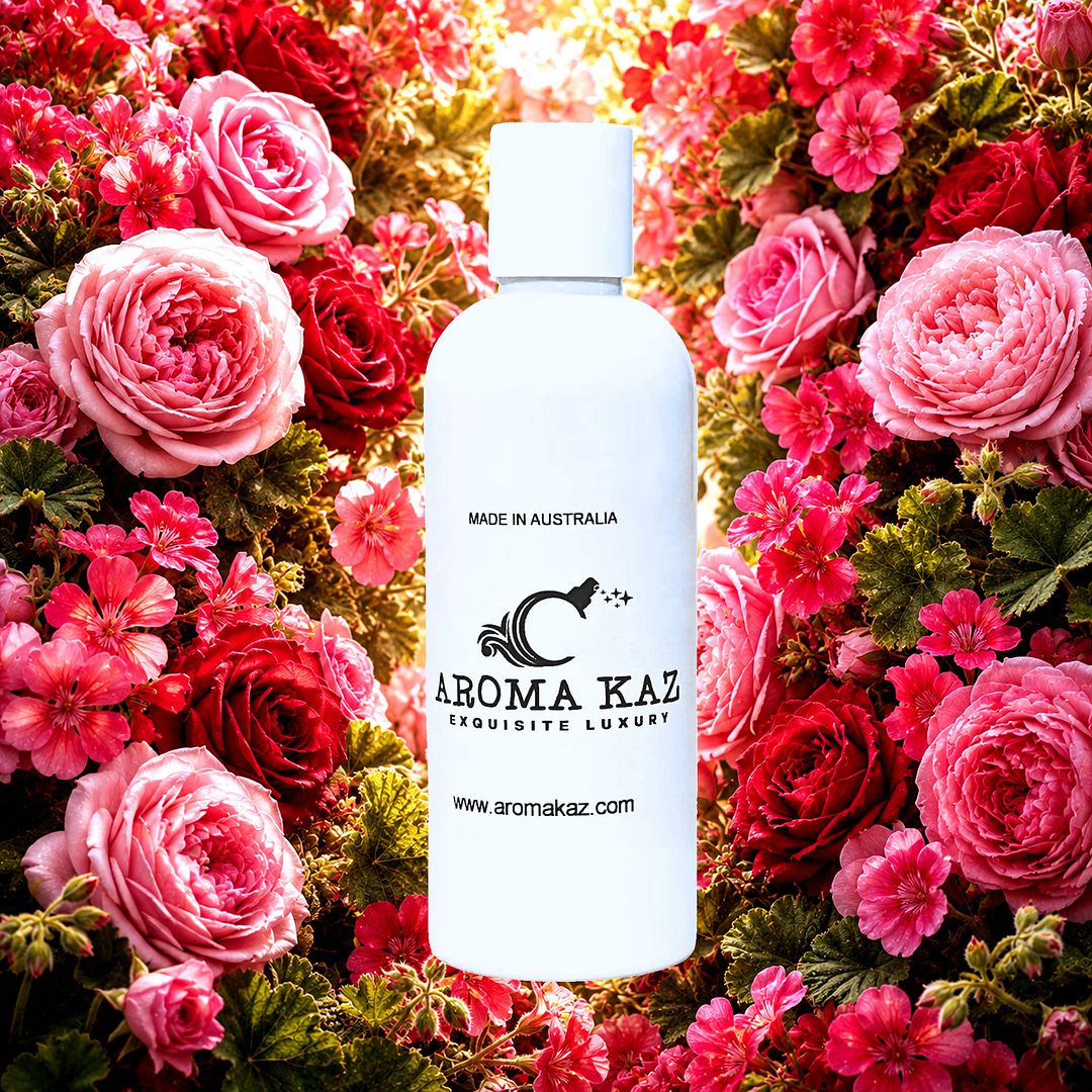 Rose Geranium Body Wash Shower Gel – vegan, cruelty-free featuring fresh roses and geranium florals, handmade in Australia.