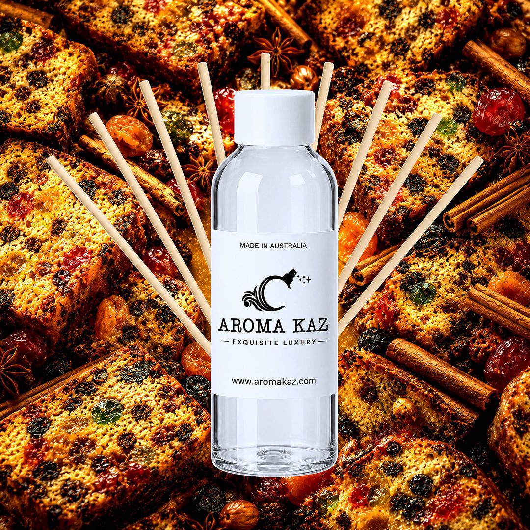 Fruit Cake Diffuser Fragrance Oil Refill – vegan, cruelty-free featuring rich spiced fruit and dessert notes, handmade in Australia.
