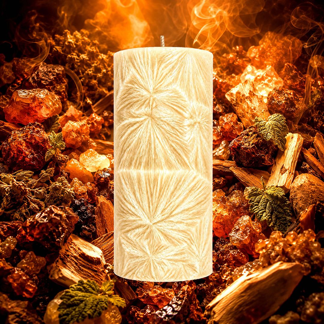 Frankincense & Myrrh plant based Pillar Candle – vegan, cruelty-free featuring deep resinous incense and warm ancient spice, handmade in Australia.