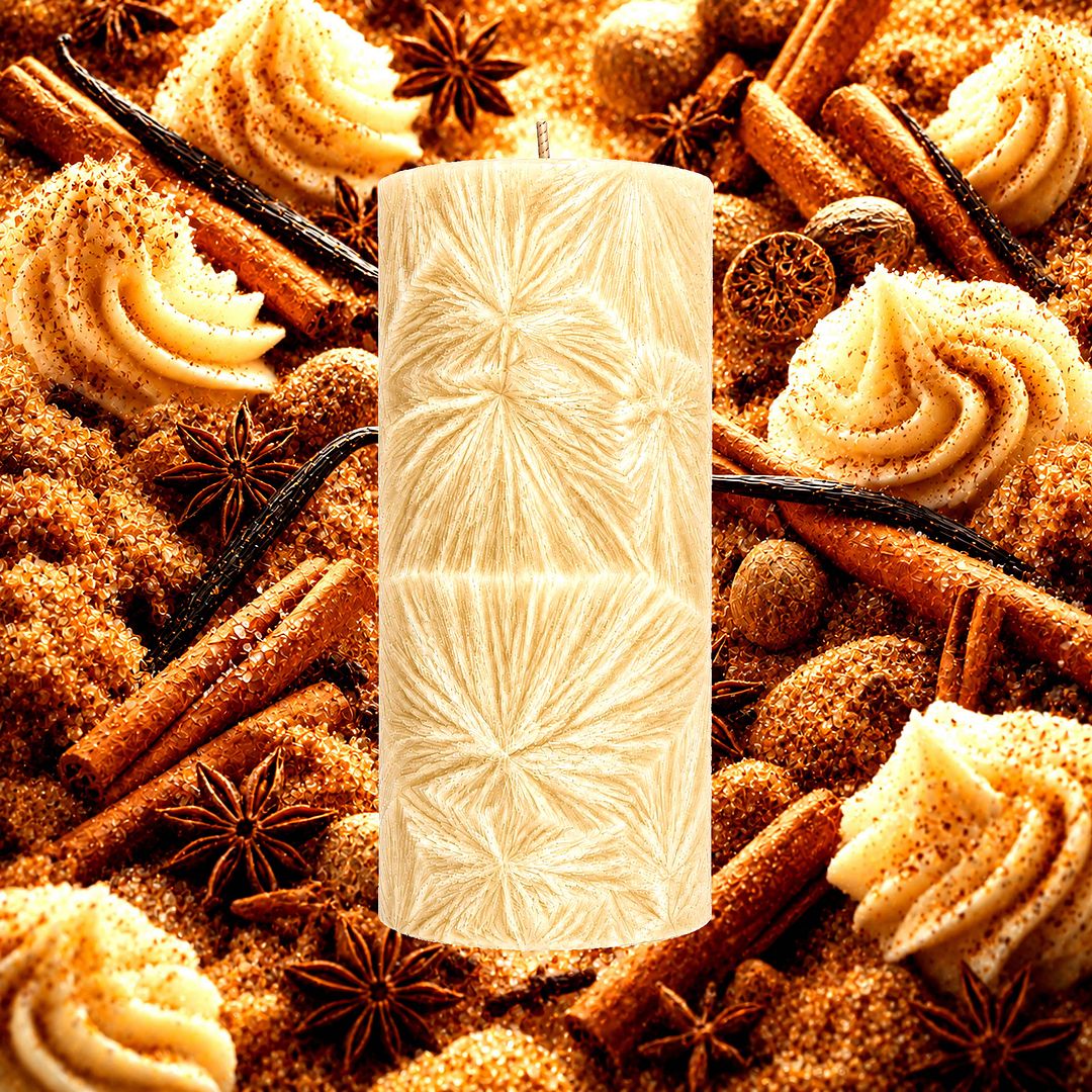 Sugar & Spice plant based Pillar Candle – vegan, cruelty-free featuring sweet sugary notes and warm bakery spices, handmade in Australia.