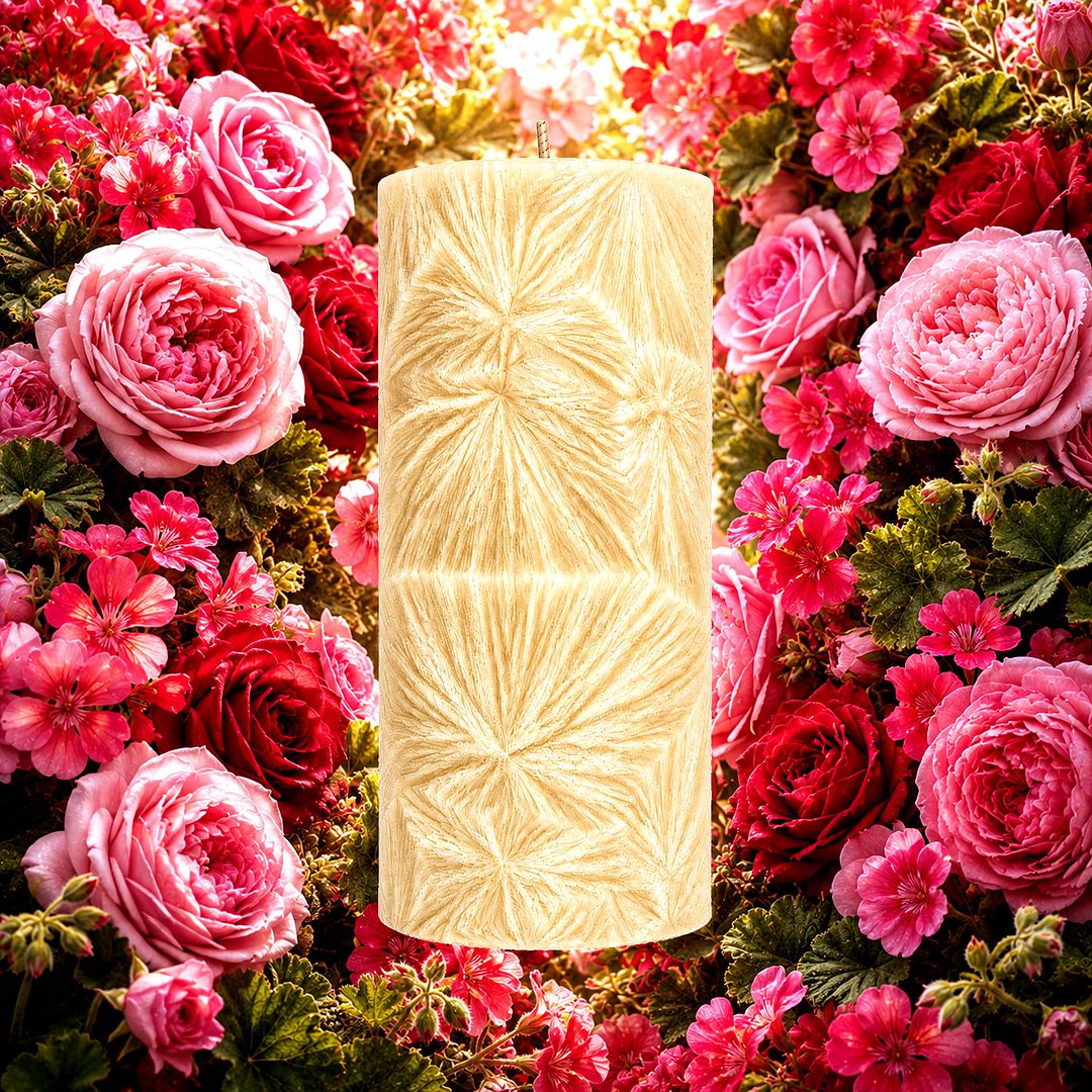 Rose Geranium plant based Pillar Candle – vegan, cruelty-free featuring fresh roses and geranium florals, handmade in Australia.