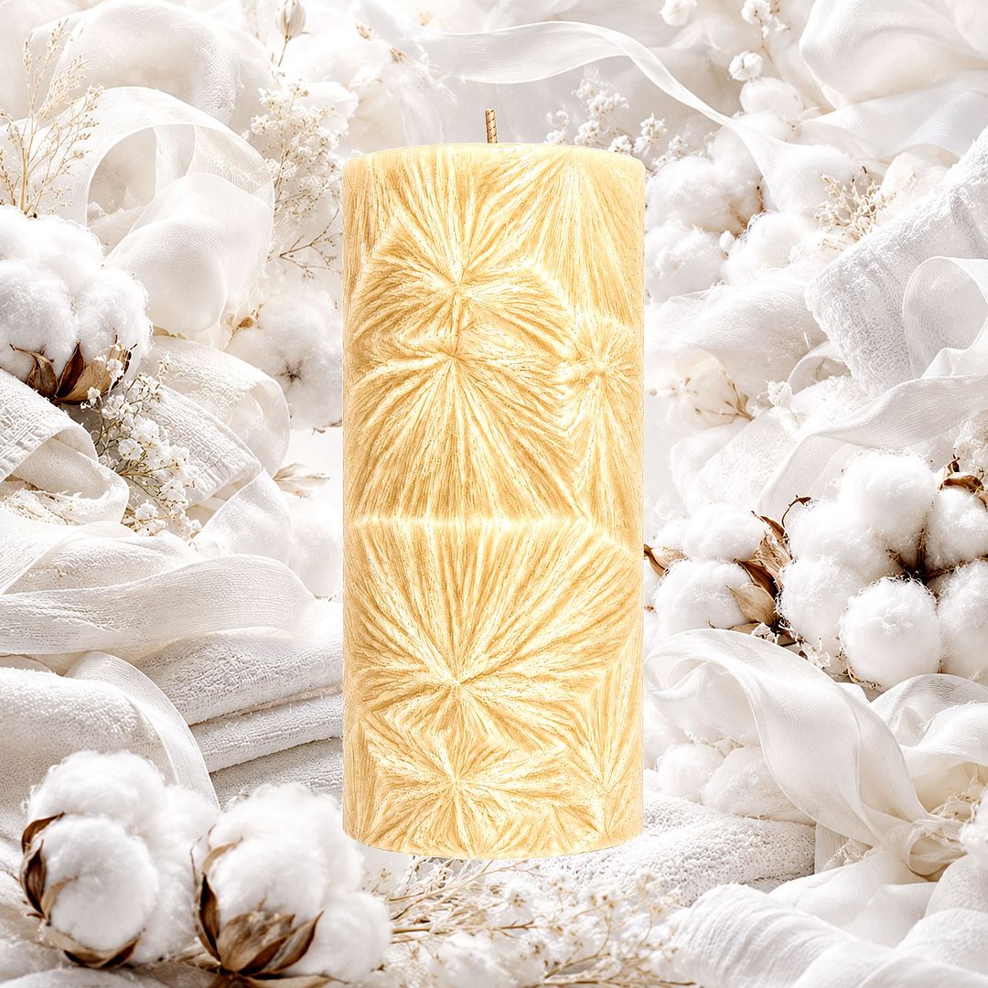 Clean Fresh Linen plant based Pillar Candle – vegan, cruelty-free featuring soft airy fresh linen fragrance, handmade in Australia.