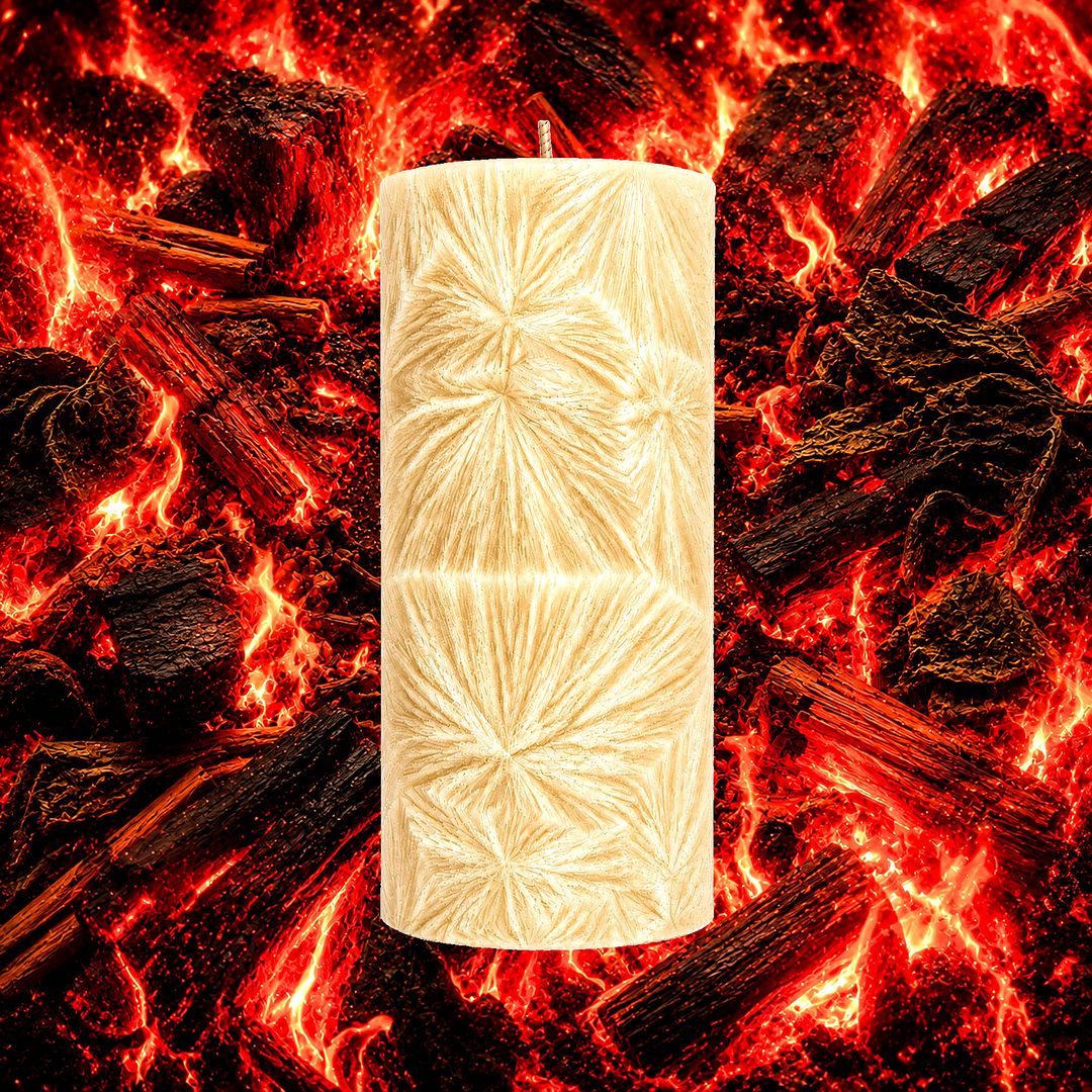 Wild Fire For Men plant based Pillar Candle – vegan, cruelty-free featuring bold smoky woods and masculine spice, handmade in Australia.