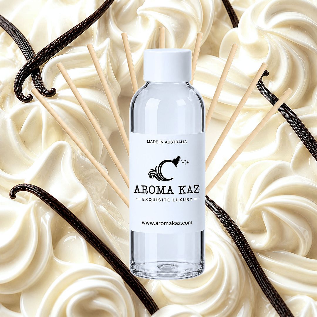 Buttercream Vanilla Diffuser Fragrance Oil Refill – vegan, cruelty-free featuring creamy vanilla frosting aroma, handmade in Australia.
