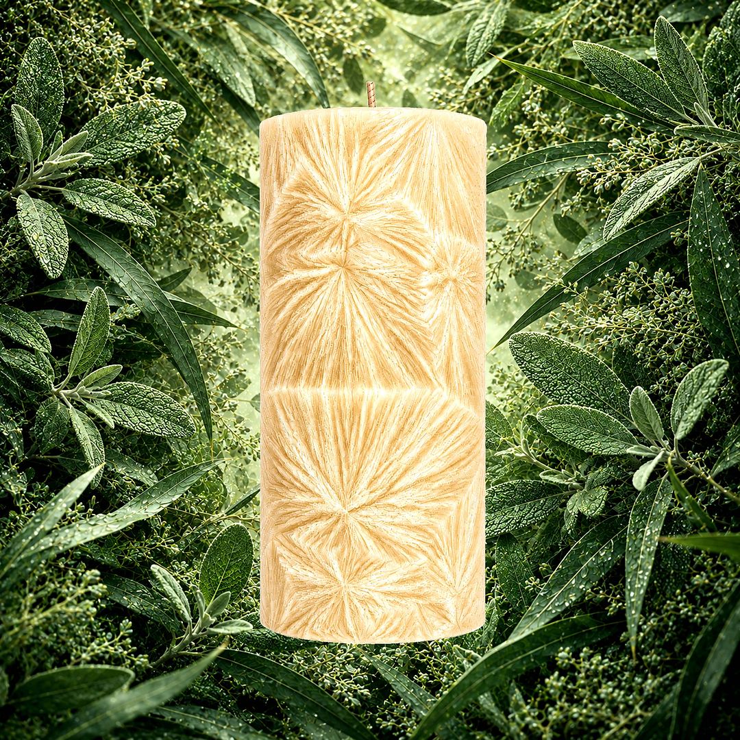 Eucalyptus & Wild Sage plant based Pillar Candle – vegan, cruelty-free featuring herbal sage and fresh eucalyptus, handmade in Australia.